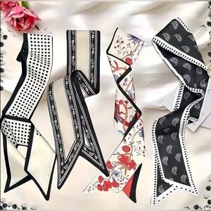 Set of 4 Black White & Floral Twilly Scarves | Silk Feel Skinny Scarf | Bag